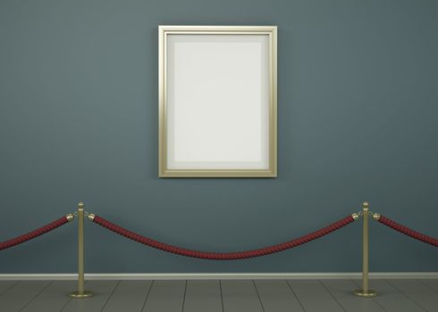 Blank picture with gold frame in a gallery. 3D rendered image.