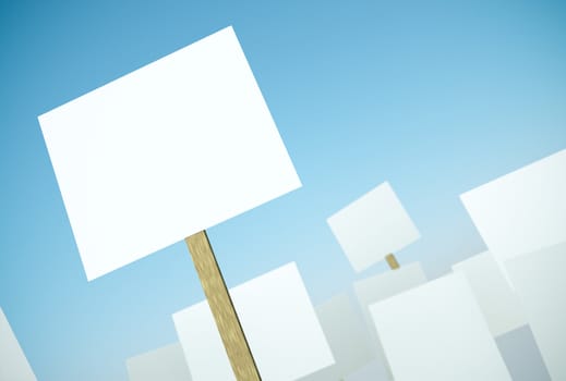 Blank protest banners against blue sky. 3D render.