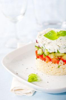 Delicious and fresh appetizer with risoni, tomatoes and cucumber