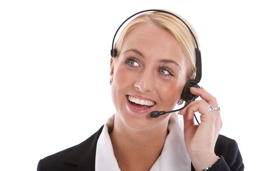 Pretty blond receptionist with radiant smile on the phone