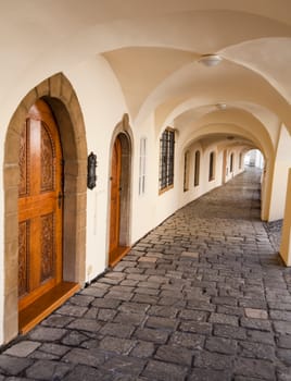 arched gallery and carved doors in the center of Prague