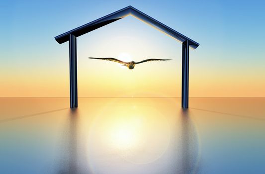 conceptual view with a dove flying under a home  