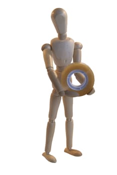 wooden artists dummy holding a reel of sticky tape