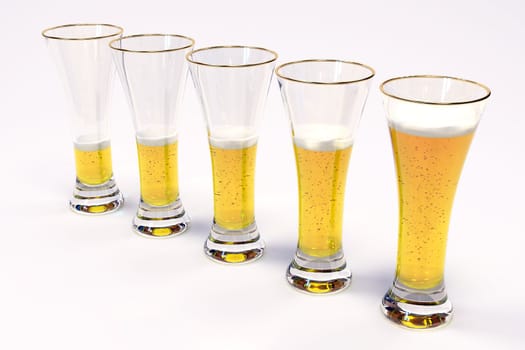 five glasses with beer on white background