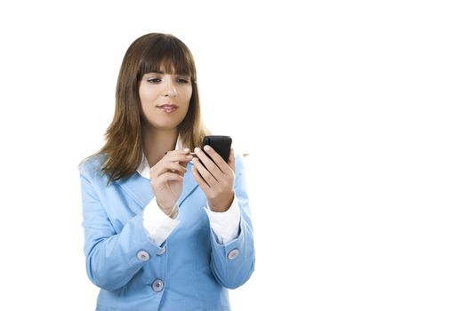 Beautiful businesswoman holding a PDA over a white background

