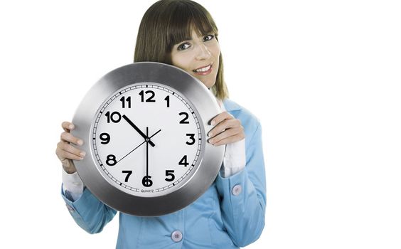 Beautiful woman standing over a white background with a clock on the face