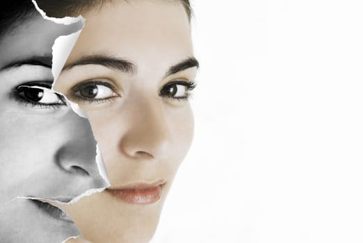 Young beautiful woman portrait in a leaf paper