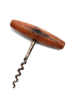 Old and rusty corkscrew on a white background