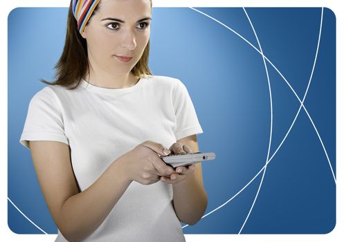 Woman with a remote control over a blue background created in PS