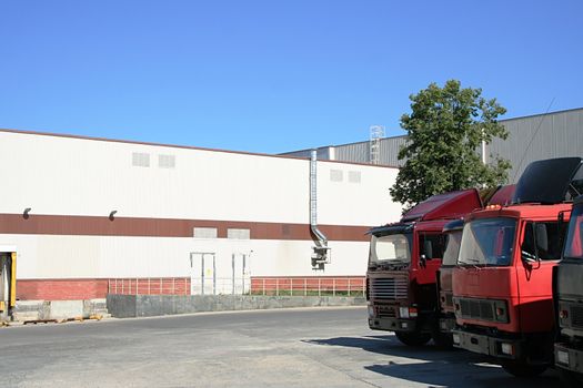 red lorries on a background of a white warehouse