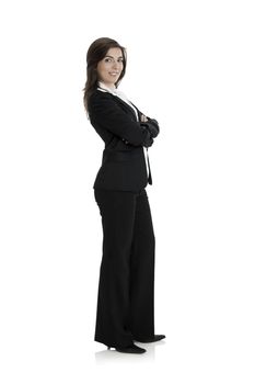 Full body portrait of a young and beautiful business woman isolated on white