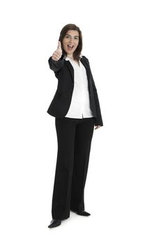 Full body portrait of happy beautiful business woman isolated on white