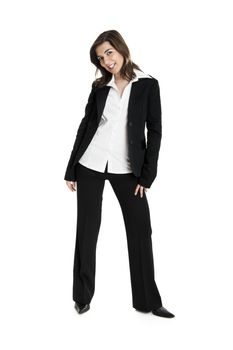 Full body portrait of a young and beautiful business woman isolated on white