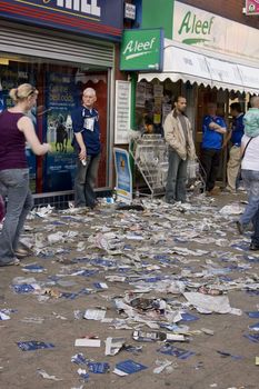 street littered with rubbish during the UEFA cup 2008 in manchester