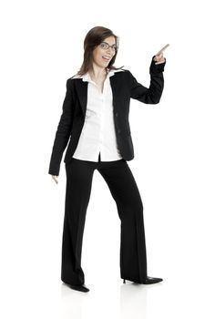 
Full body portrait of happy beautiful business woman isolated on white Pointing to somewhere
