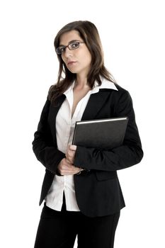 Portrait of a young and beautiful business woman isolated on white with a case