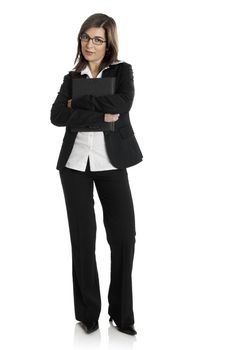 Full body portrait of a young and beautiful business woman isolated on white