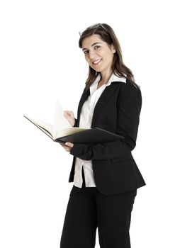 Portrait of a young and beautiful business woman isolated on white with a case