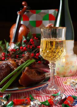 Holiday dinning with champaign and roasted park