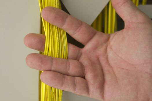 Clean hand holding bundle of yellow fiberoptic cables on the equipment.