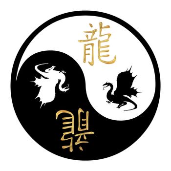 Yin Yang symbol with Chinese text and image of a Dragon