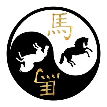 Yin Yang symbol with Chinese text and image of a Horse