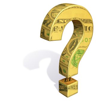 A gold question mark with images of dollar bills reflecting off it's surface. 