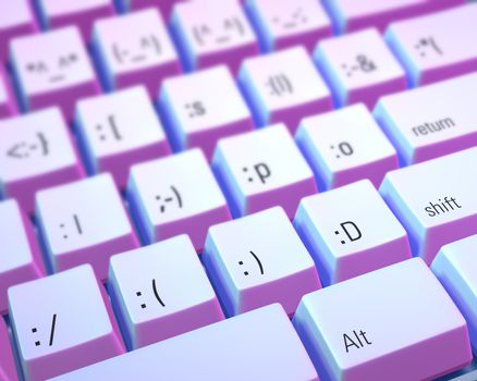 Close up of a keyboard with keys marked with emoticons instead of letters. Image as a narrow depth of field and is lit with blue and purple gels.