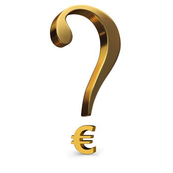 A gold question mark incorporating a euro symbol as it's dot. 