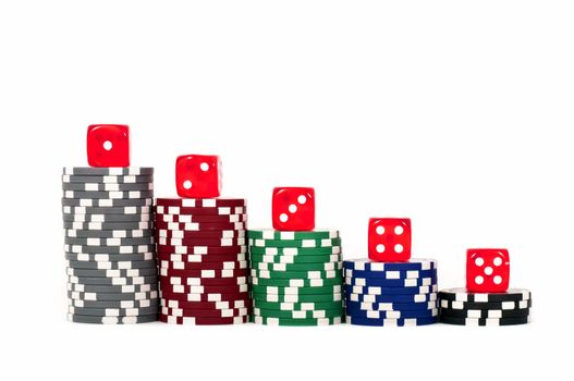 Poker Chips piled and red dice in row over it isolated on white background