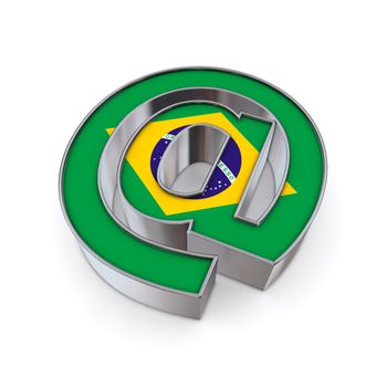 silver shiny chrome @-symbol on white background with Brazil flag texture