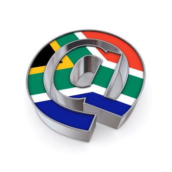 silver shiny chrome @-symbol on white background with South Africa flag texture