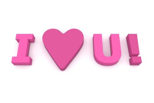 words I Love You! in different shades of pink and purple - word love replaced by a heart