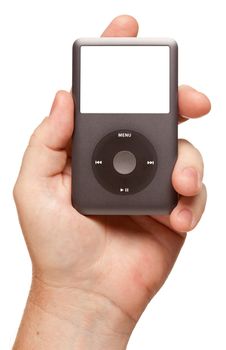 Man's Hand Holding Electronic Gadget with Blank Screen Isolated on a White Background.