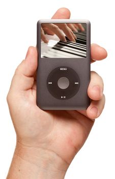 Man's Hand Holding Electronic Gadget with Piano Player on Screen Isolated on a White Background.