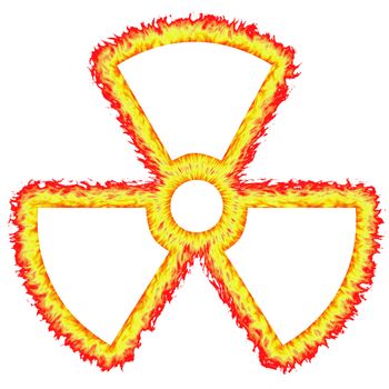 Fiery outlined radioactive sign isolated in white