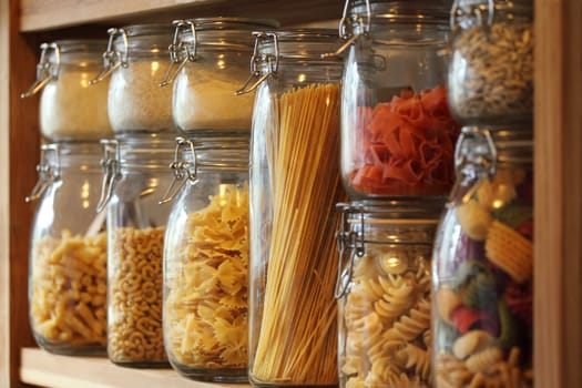 Photo of dried pasta in jars on a shelf in a domestic kitchen.  Very shallow depth of field focusing on the middle jar.