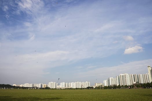 A Singapore landscape with a green grass field in front ground.