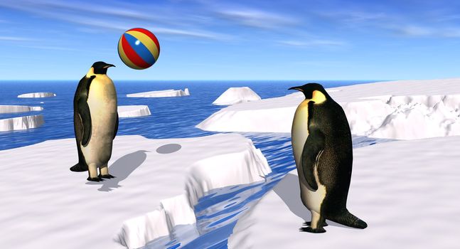 3D render of two penguins playing with a beach ball in a polar landscape