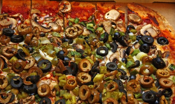 Vegetarian pizza cut into rectangle pieces ready to eat.
