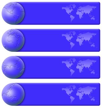 banner: different set of globe and map. blue on a white background. easy clipping 
