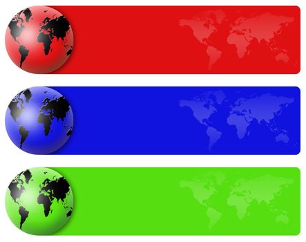 banner-set. three different colors with the globe and map. white background. easy clipping 
