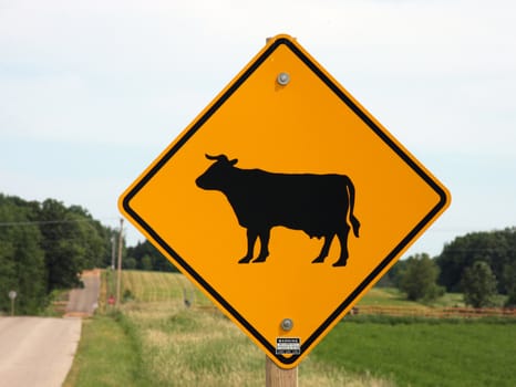 Traffic warning sign of cattle crossing against country road and hillside