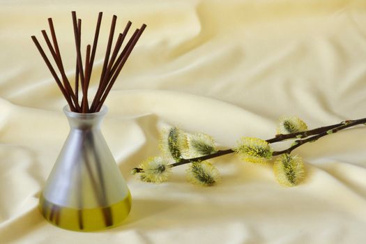 Wooden sticks in essential oil with yellow blooming branches