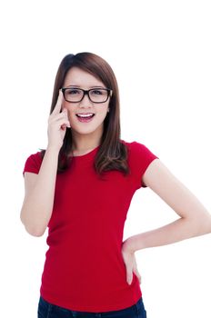 Portrait of a happy young female in eyeglasses over white background.