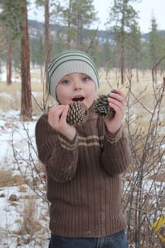 Warmly dressed boy playing outside in the snow