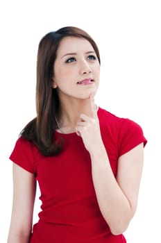 Portrait of a beautiful young woman thinking, isolated on white background.