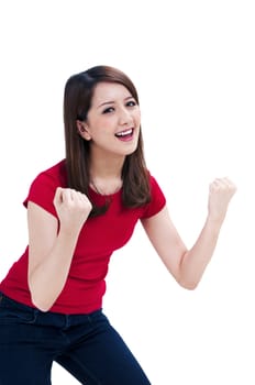 Portrait of a beautiful young woman cheering with her arms raised, isolated on white background.