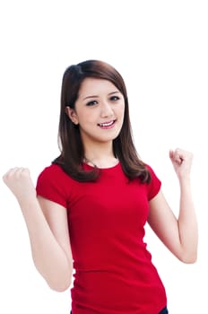 Portrait of a beautiful young woman cheering with her arms raised, isolated on white background.