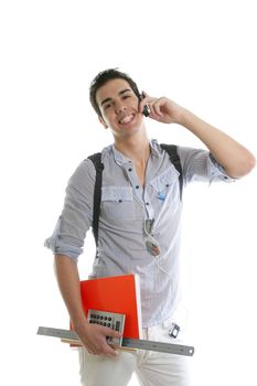 Handsome student talking mobile cell phone isolated on white